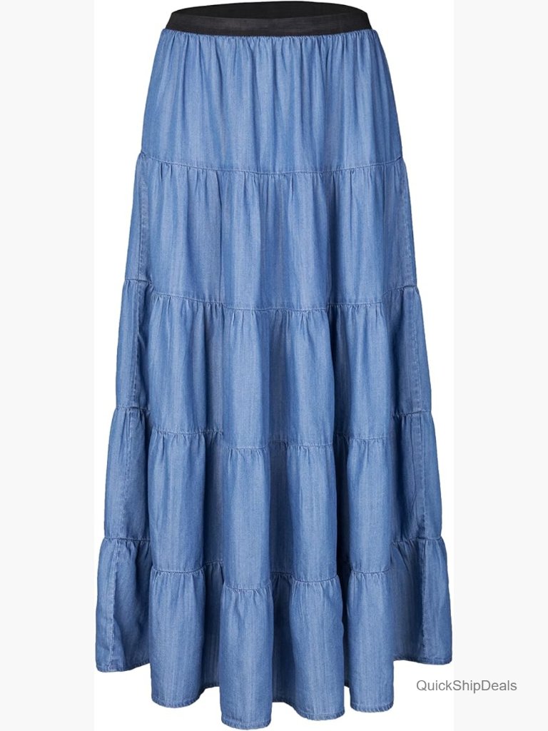Tencel Denim A-Line Maxi Skirt With Tiered Layers Elastic Waist